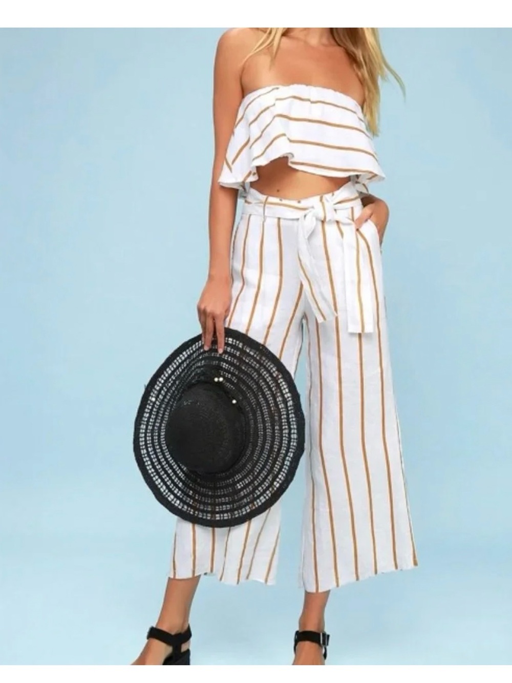 Faithfull the Brand - Solana Mustard Yellow and White Striped Culottes Pants